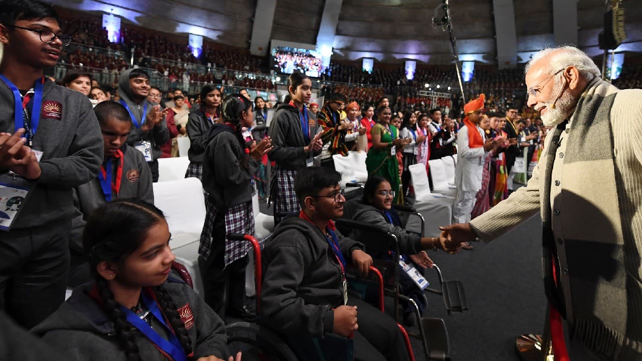 Prime Minister Narendra Modi interacts with students, teachers and parents during the 6th edition of 'Pariksha Pe Charcha' 2023 on February 27 at Talkatora Stadium in Delhi. (Source: PIB)