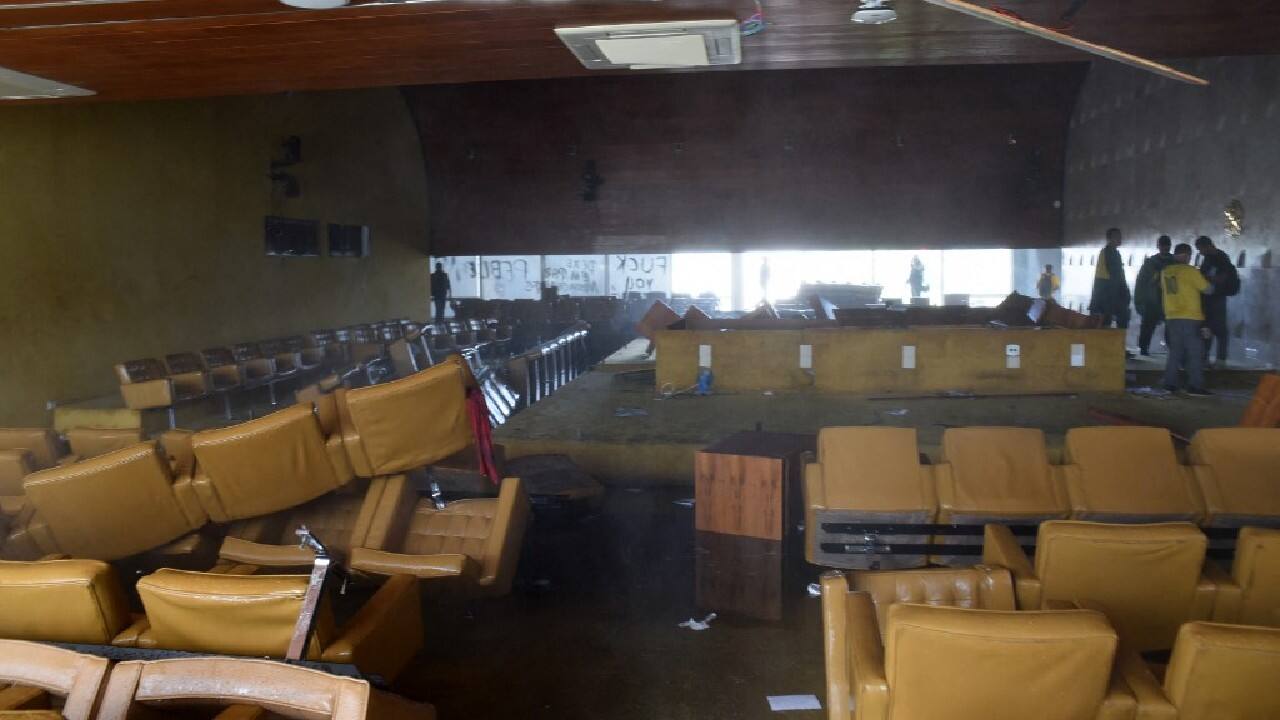 Picture of the destruction caused by supporters of Brazilian former President Jair Bolsonaro during an invasion to the Supreme Court in Brasilia on January 8. (Image: AFP)