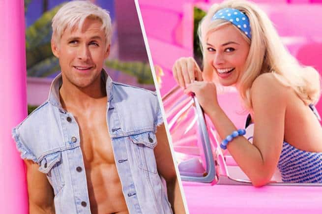 Ryan Gosling and Margot Robbie in Barbie (2023).
