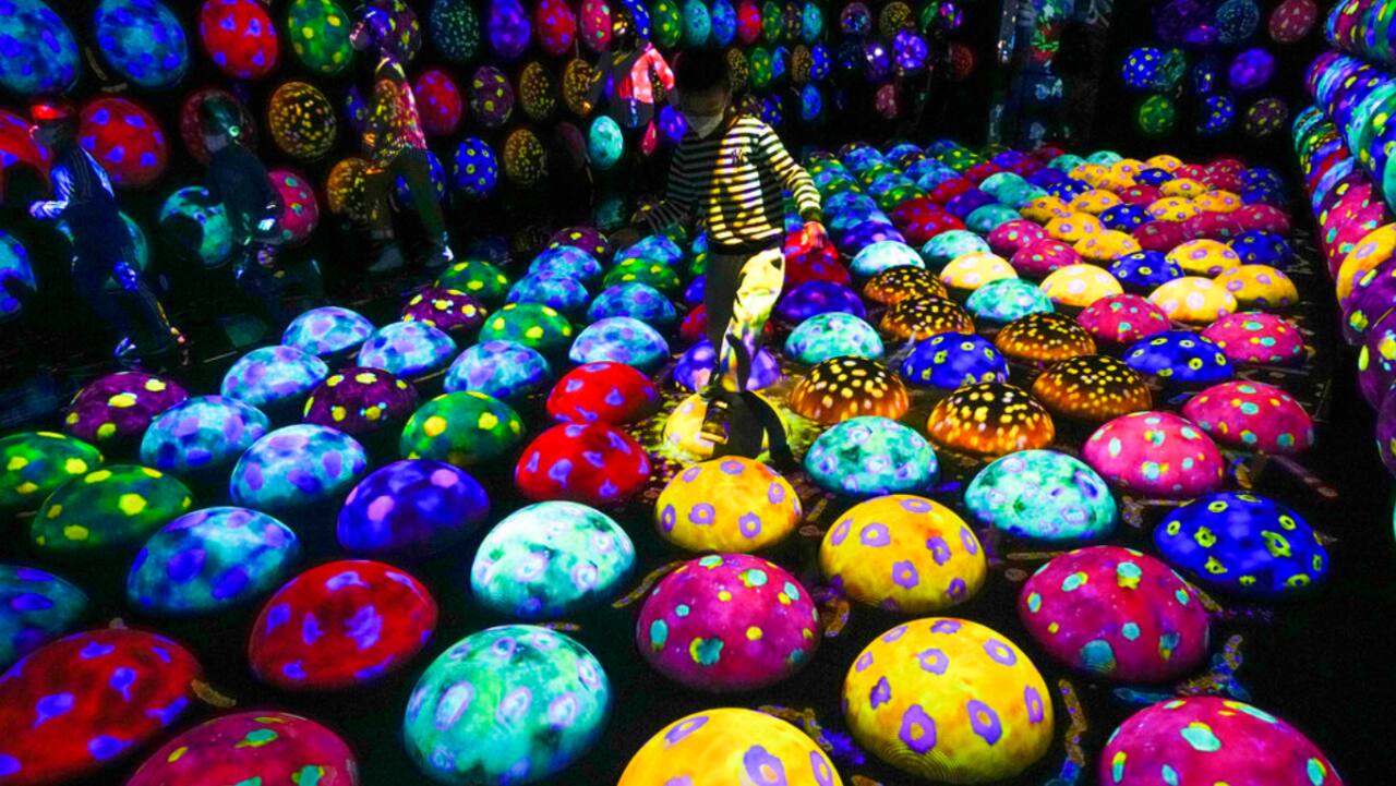 Children play on a digital art installation titled &quot;Rapidly Rotating Bouncing Spheres in the Caterpillar House&quot;, at the newly-opened &quot;teamLab Massless&quot; museum in Beijing.