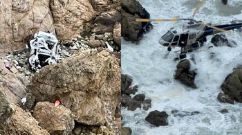 A family of four survived after plunging off a 250-foot cliff in their Tesla Model Y (Images: SMCSheriff/Twitter)