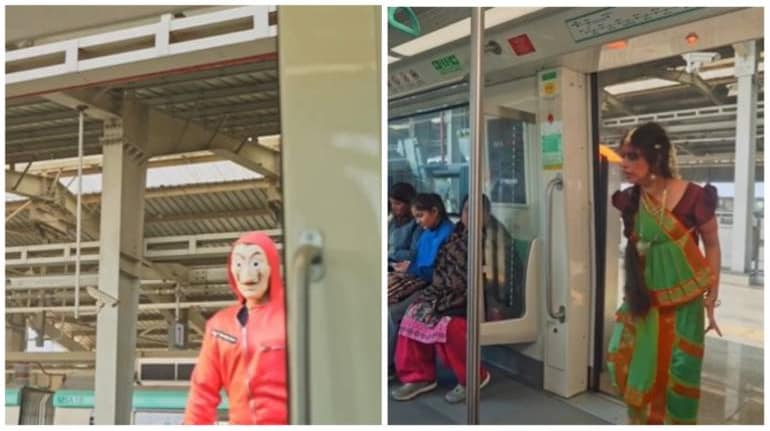 Money Heist, Squid Game, Manjulika cosplay was on aboard the Noida metro for a boAt campaign. (Image: screengrab from video boat.nirvana/Instagram)