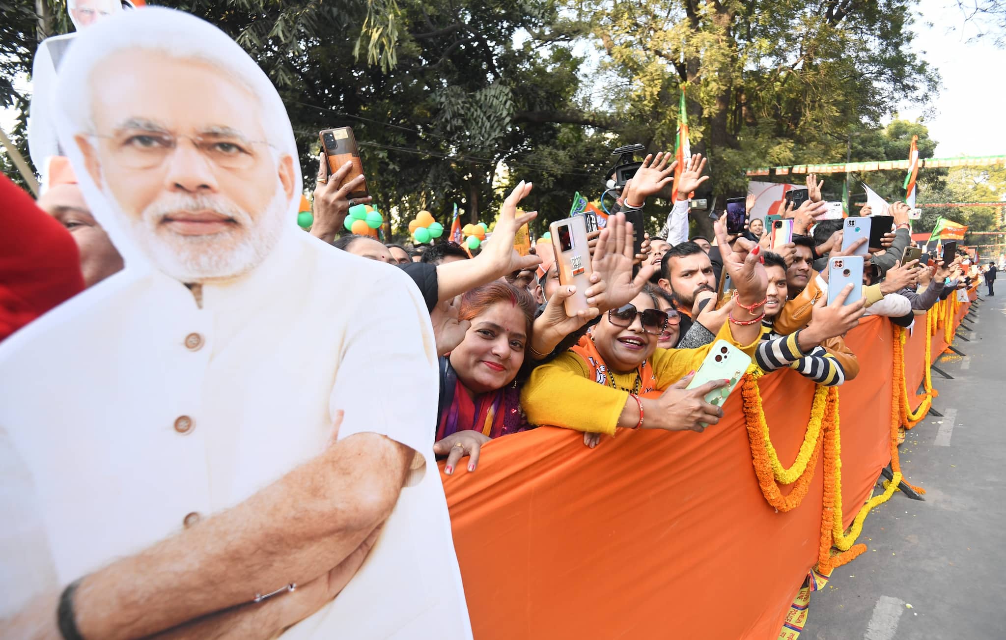 Huge cutouts of the prime minister were placed along the road, besides several posters highlighting various initiatives of the government and also India's presidency of the G20.