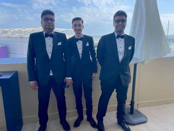 Brothers Nadeem Shehzad (left) and Mohammad Saud (right) and their wingman Salik Rehman (centre) after their film, the Shaunak Sen-directed documentary 'All That Breathes', won the L'Oeil d'Or at Cannes Film Festival, 2022.