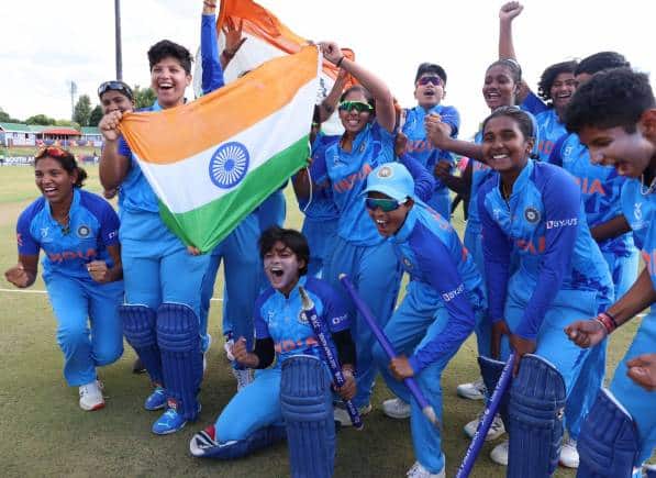 Indian women's team after winning the inaugural ICC Under-19 Women’s T20 Cricket World Cup 2023. (Photo: Twitter)