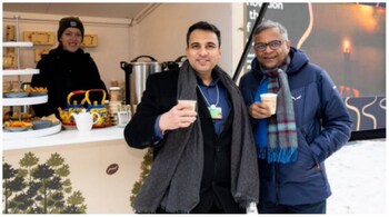 World Economic Forum, Davos 2023: N Chandrasekaran at the Tata Tea kiosk. (Image credit: @AbKumar1/Twitter)