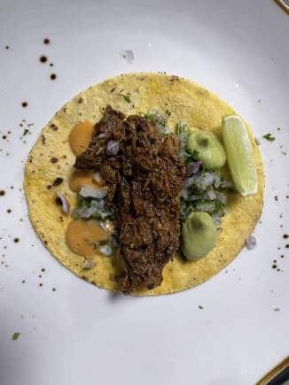 Tortilla de Maiz, Birria de Cordero, pico de gallo y fresa by Chef Colibrí Jiménez.
