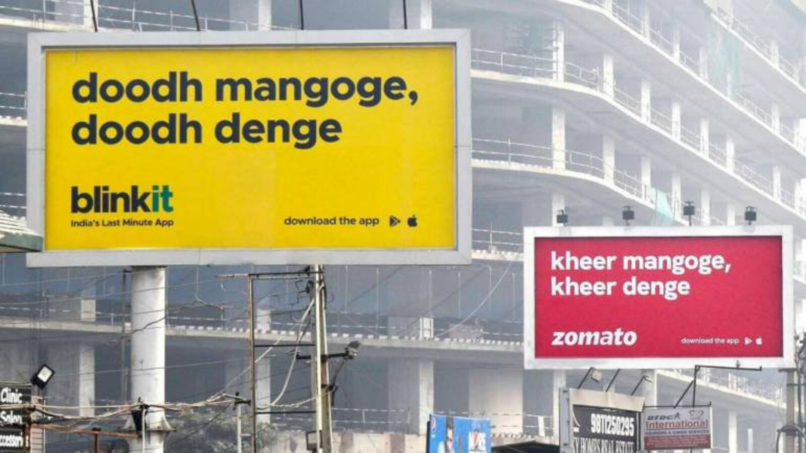 A Zomato and Blinkit collaboration on billboards: 'Doodh ...