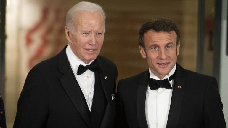 US President Joe Biden (left) and France's president Emmanuel Macron during an arrival on the North Portico of the White House ahead of a state dinner in Washington, DC, US. 