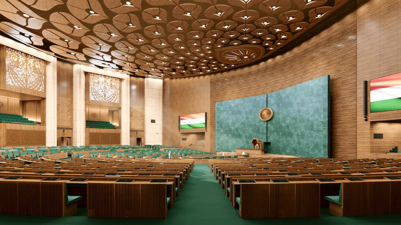 The government website - centralvista.gov.in - released the images of the new Parliament building today which was due to be completed last year in November. (New Lok Sabha chamber)