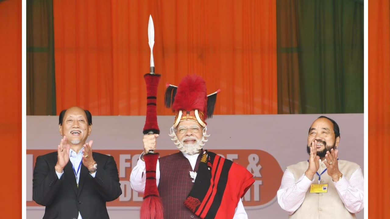 The prime minister arrived at Agri Expo Centre Ground in Chumoukedima district, Dimapur, to address a joint public rally of BJP-NDPP ahead of the Nagaland Assembly elections. (Image: ANI)