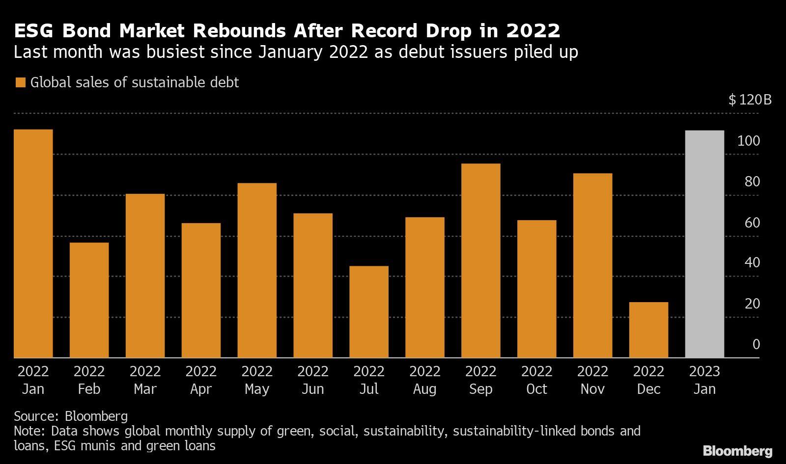 ESG Bond Market Rebounds After Record Drop in 2022 | Last month was busiest since January 2022 as debut issuers piled up