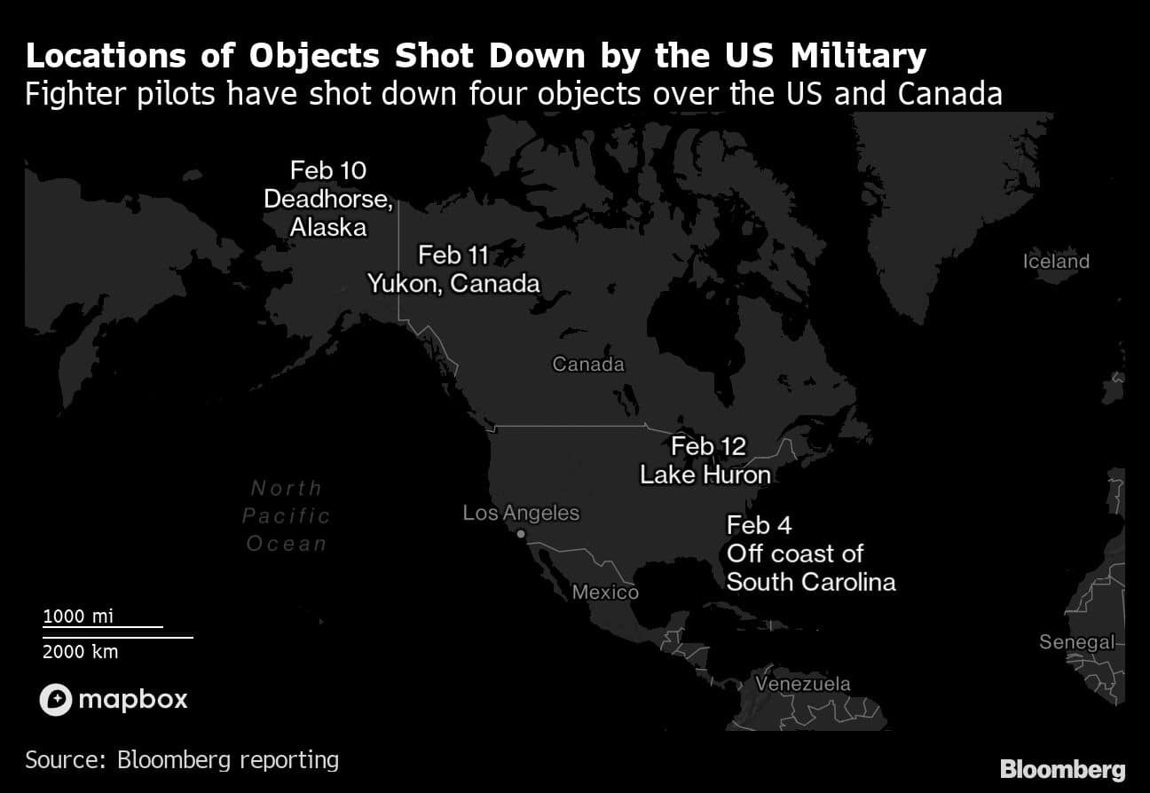 Locations of Objects Shot Down by the US Military | Fighter pilots have shot down four objects over the US and Canada