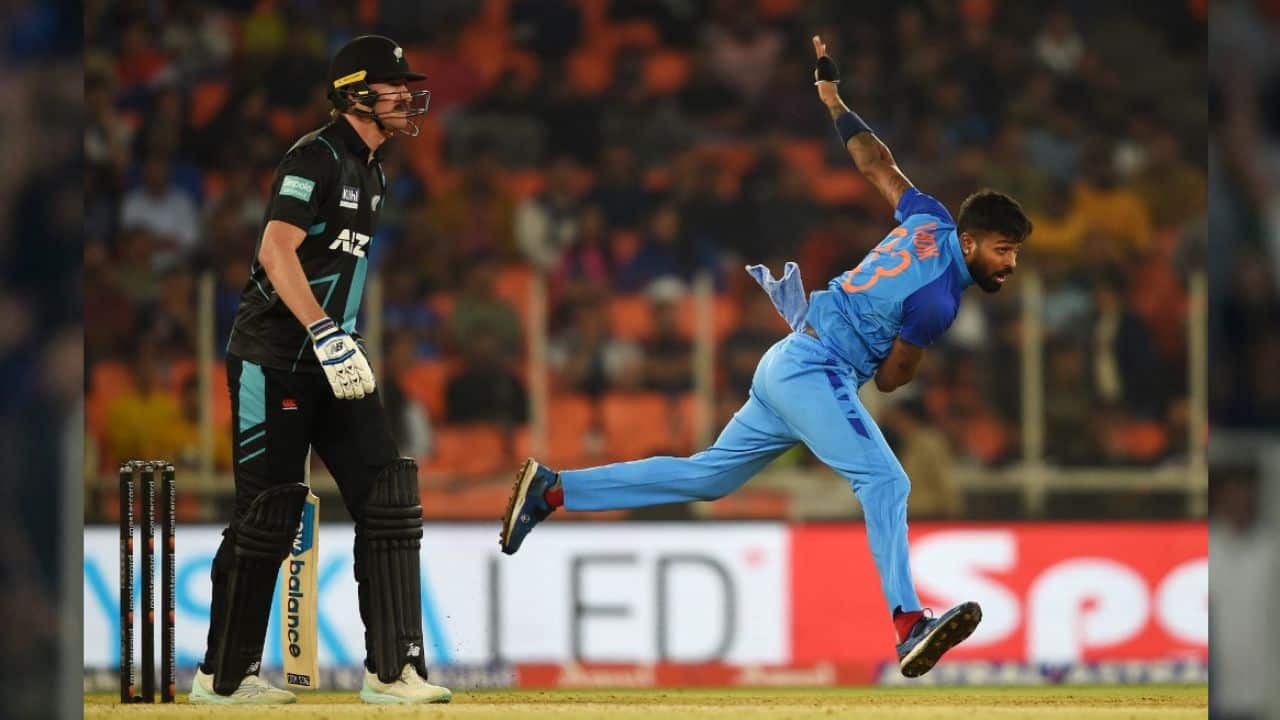 India’s pacers were on the money from the word go, using the dew to full effect. Pandya struck twice in two overs to remove Finn Allen (3) and Glenn Phillips (2). (Image: AFP) India’s pacers were on the money from the word go, using the dew to full effect. Pandya struck twice in two overs to remove Finn Allen (3) and Glenn Phillips (2). (Image: AFP)