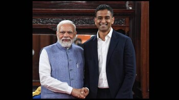 Nithin Kamath met PM Narendra Modi in Bengaluru at the inauguration of Aero India 2023.  (Image: Nithin0dha/Twitter)