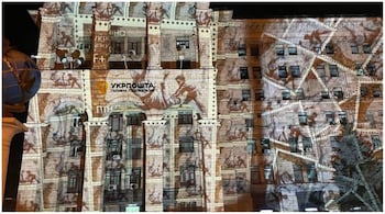 Banksy has created several anti-war art works in Ukraine. (@ukrposhta/Twitter)