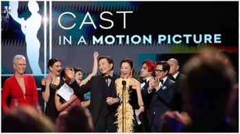 'Everything Everywhere All At Once' celebrating its SAG Awards sweep. 