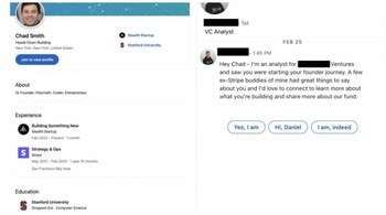 The man's fake profile and the message from an user who claimed he knows his former colleagues. (Image: roshanpateI/Twitter)
