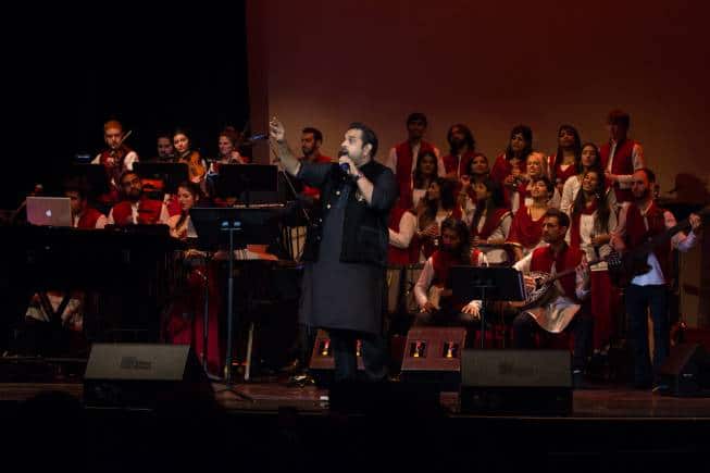 Shankar Mahadevan performing with the Berklee Indian Ensemble. (Photo courtesy Annette Philip)