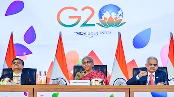 Union Finance Minister Nirmala Sitaraman (C) addresses a press conference along with the Governor of Reserve Bank of India, Shaktikanta Das (R) and Secretary, Department of Economic Affairs, Ministry of Finance Ajay Seth (L) after the G20 Finance meetings under India's G20 Presidency, in Bengaluru, on Feb 25, 2023. (PTI Photo)