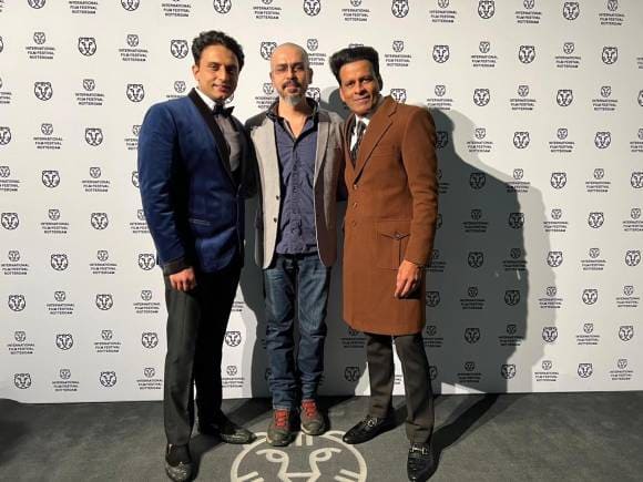 Actor Mohd Zeeshan Ayub, director Devashish and Manoj Bajpayee in Rotterdam for the 2023 IFFR.