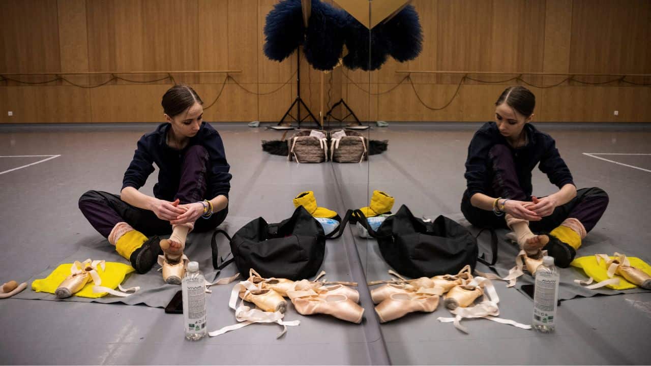 One year ago, the 29-year-old dancer fled Ukraine's capital Kyiv on a packed train with thousands of other refugees after the Russian invasion, wondering if she would ever be on stage again. (Source: Reuters)
