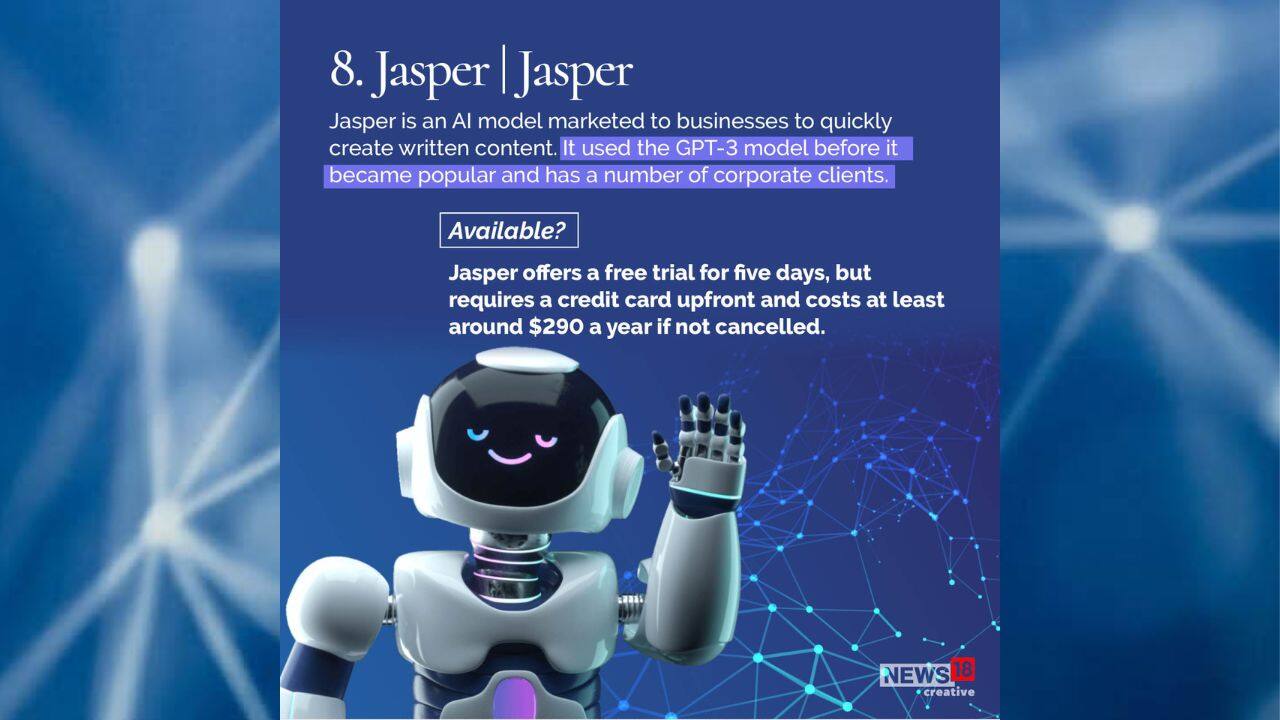 Jasper is an AI model marketed to businesses to quickly create written content. It used the GPT-3 model before it became popular and has a number of corporate clients. (Image: News18 Creative)