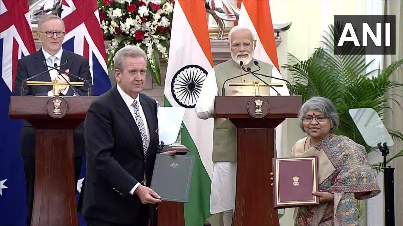 PM Modi and Australian PM Anthony Albanese witness exchange of MoUs between the two countries in Delhi on March 10. MoUs signed in sports and audio-visual co-production agreement and terms of reference for Solar Taskforce exchanged between India and Australia. (Image: ANI)