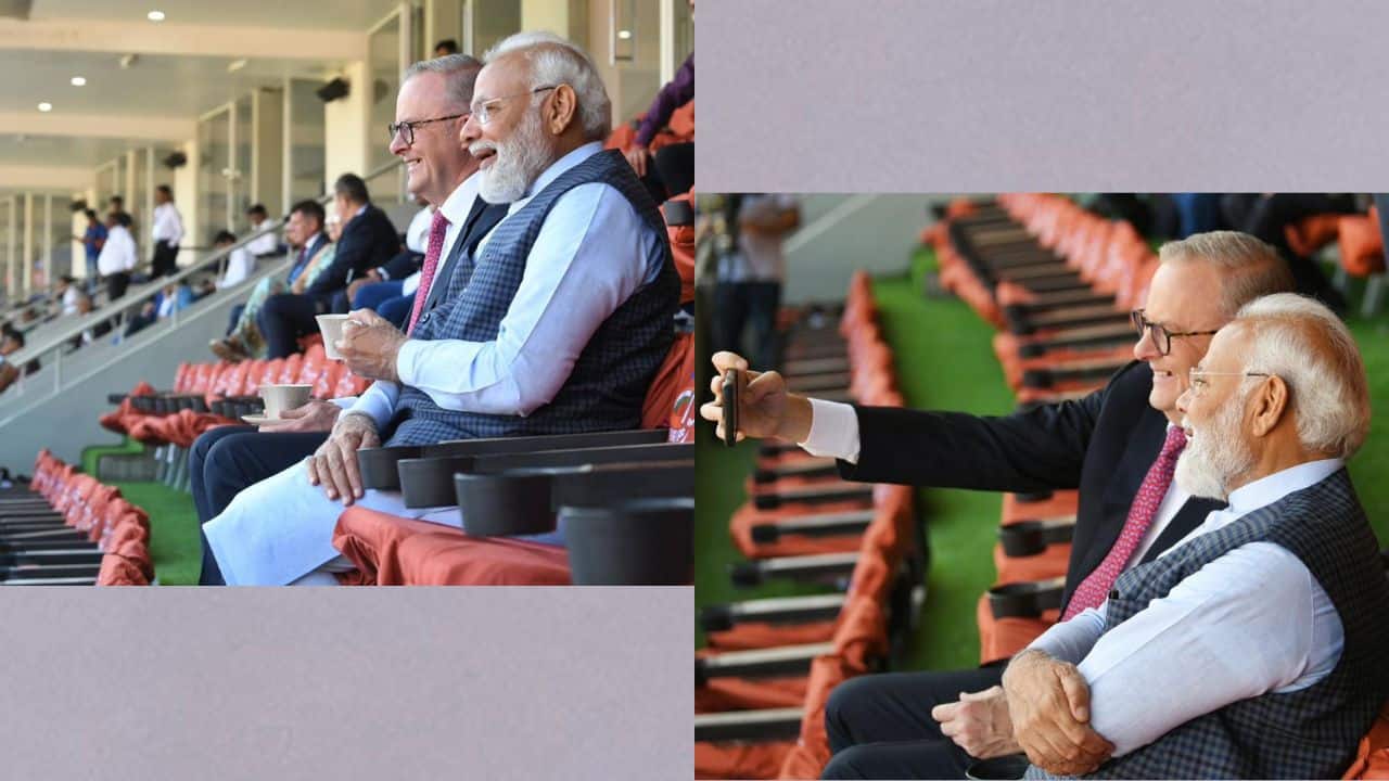 Modi and Albanese enjoy tea as they watch the first day of the fourth Test match of Border Gavaskar Trophy between India and Australia in Ahmedabad.