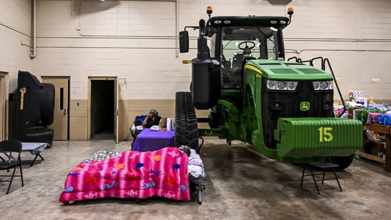 An area was set up as an infirmary and boxes full of food and medical supplies were shuttled in to support storm victims who had lost everything, said John Brown, a Red Cross official for Alabama and Mississippi. Anna Krisuta, 43, and her 16-year-old son Alvaro Llecha took shelter at the site, saying their house was in pieces. (Source: AFP) An area was set up as an infirmary and boxes full of food and medical supplies were shuttled in to support storm victims who had lost everything, said John Brown, a Red Cross official for Alabama and Mississippi. Anna Krisuta, 43, and her 16-year-old son Alvaro Llecha took shelter at the site, saying their house was in pieces. (Source: AFP)