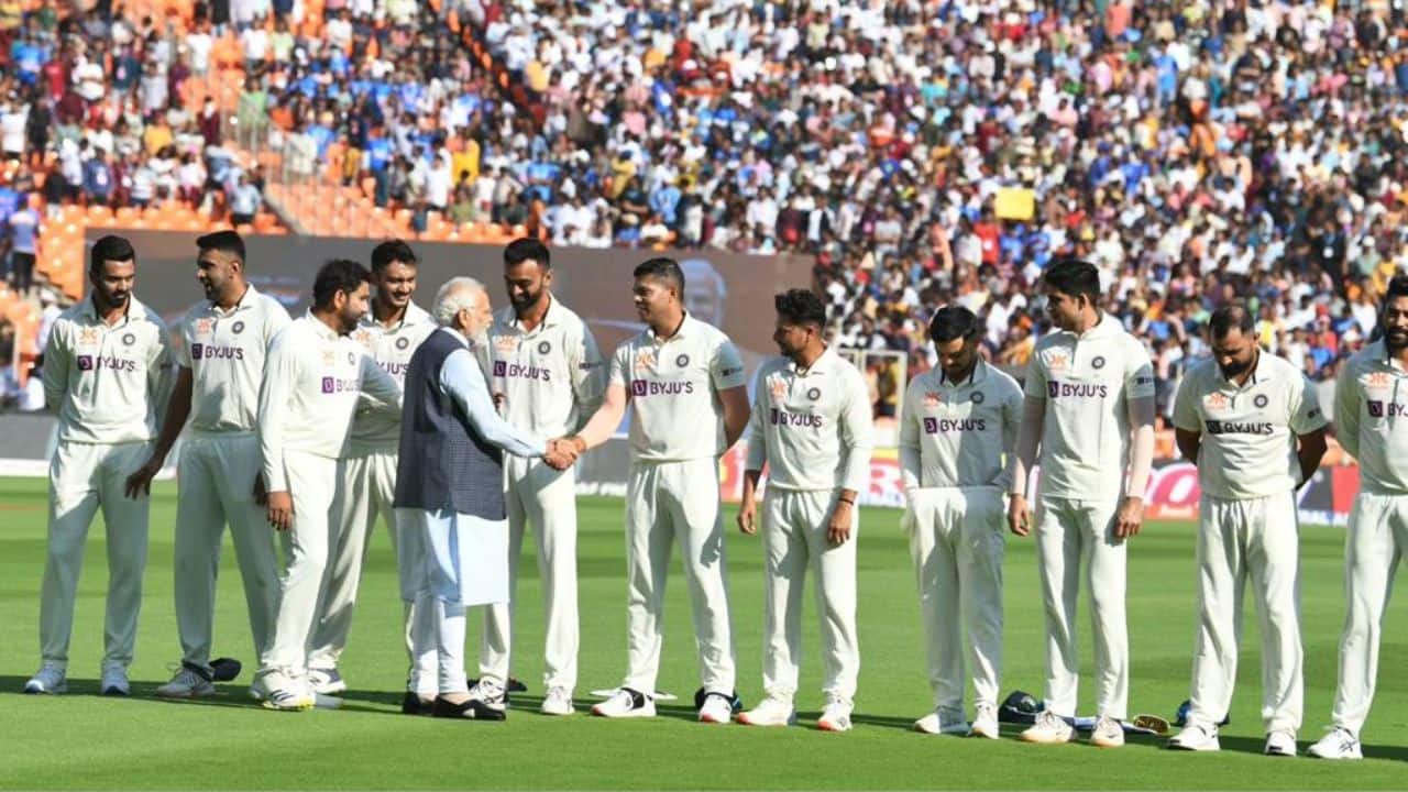 PM Modi meet members of Team India before the start of the match against Australia at the Narendra Modi Stadium. (Image: PMO)