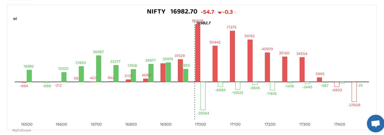 Among options, maximum call writing was seen at 17,000 which resonated with the Nifty's struggle to sustain above that level in the cash market. Call writers were also active at higher strikes of 17,100 and 17,200. On the put options front, writers moved lower to 16,900. Viraj Vyas, Technical and Derivatives Analyst at Ashika Stock Broking expects to see some pullback in the market towards 17,200 and even 17,400 ahead of the F&amp;O expiry tomorrow. &quot;Foreign institutional investors have significantly squared off their short bets in recent sessions which is a sign that they may attempt to trigger in a short covering rally in the market ahead of the derivatives expiry,&quot; Vyas said. He also suggested investors place a contra bet by initiating a long straddle strategy of buying put as well as call options of 17,000 to reap the risk reward. (The bars reflect changes in OI during the day. The red show call option OI and the green put option OI.) 