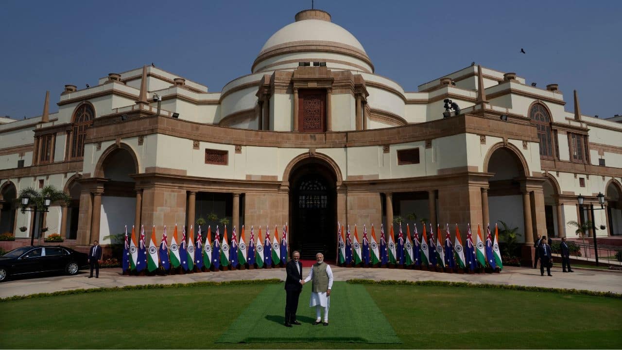Prime Minister Narendra Modi, his Australian counterpart Anthony Albanese on March 10 met at the Hyderabad House in New Delhi to hold bilateral talks. (Image: AP)