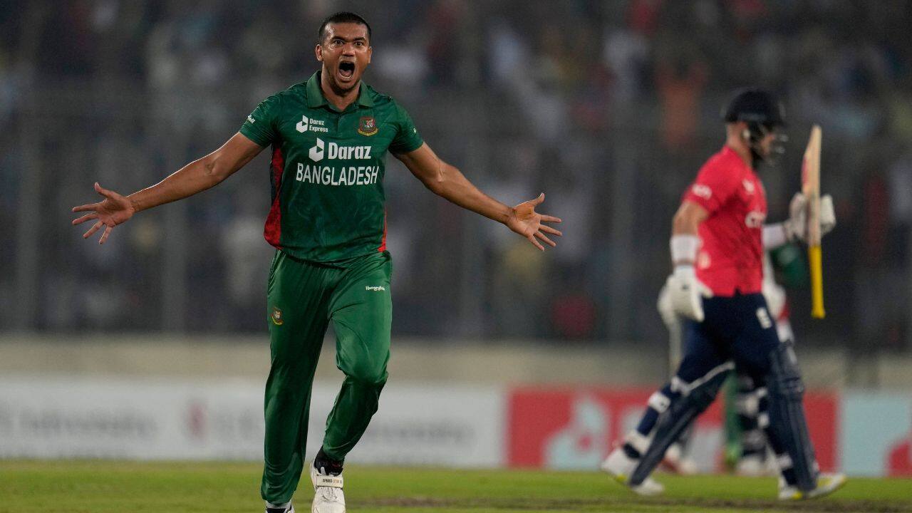 Fast bowler Taskin Ahmed took 2-26 to receive man of the match and, when England needed an unlikely 27 off the last over, Hasan Mahmud conceded just two boundaries. (Source: AP)