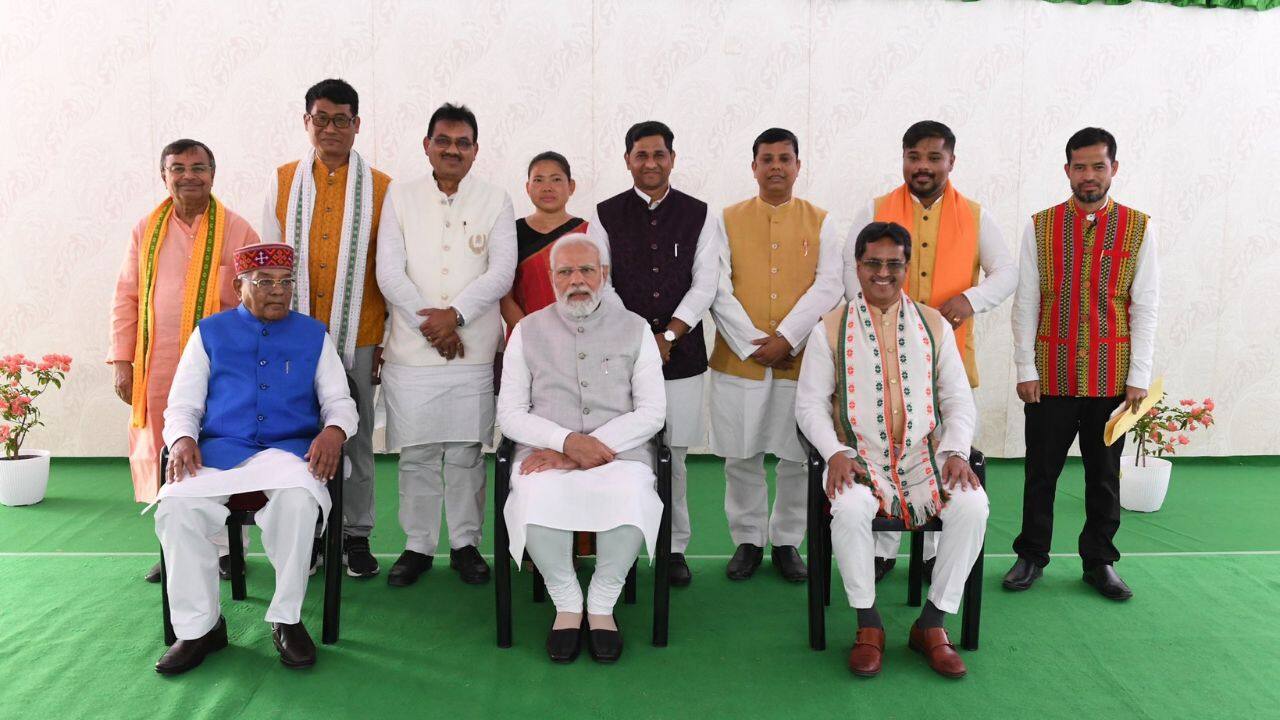 Other than CM Manik Saha, eight other leaders, namely RL Nath, Pranjit Singha Roy, Sushri Santana Chakma, Sushant Chowdhury, Tinku Roy, Bikash Debbarma, Sudhanshu Das, and Sukla Charan Noatia also took oath as ministers. (Image: Twitter @narendramodi)