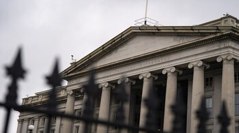 The US Treasury building in Washington, DC, US, on Monday, March 13, 2023. US authorities took extraordinary measures to shore up confidence in the financial system after the collapse of Silicon Valley Bank, introducing a new backstop for banks that Federal Reserve officials said was big enough to protect the entire nation's deposits.