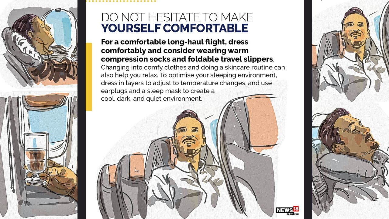 For a comfortable long-haul flight, dress comfortably and consider wearing warm compression socks and foldable travel slippers. For a comfortable long-haul flight, dress comfortably and consider wearing warm compression socks and foldable travel slippers.