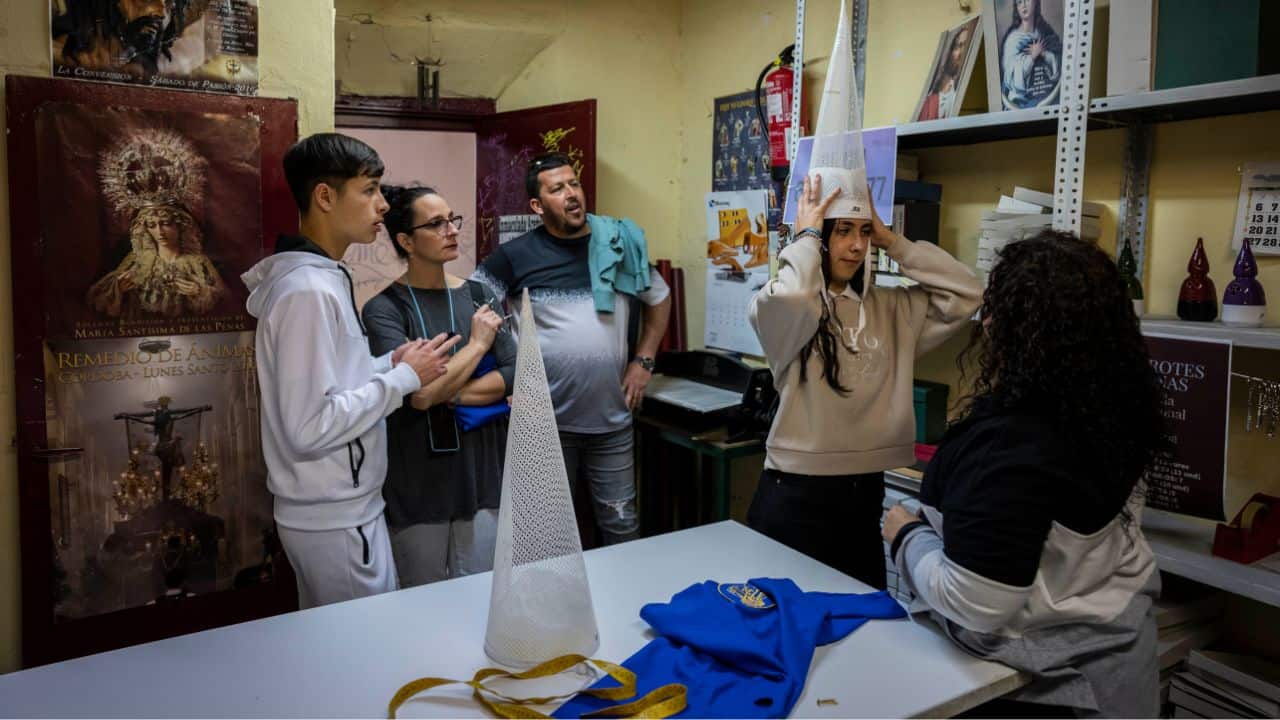 The ceremonies see brotherhoods of “nazarenos,” or penitents, with tall conical hats, monkish robes and hoods carrying or escorting the magnificent carriages through ancient streets of cities and towns nationwide. (Source: AP)