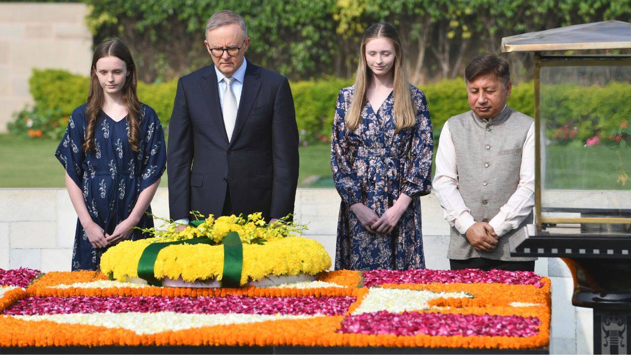 Australian Prime Minister Anthony Albanese paid tribute to Mahatma Gandhi at Rajghat in New Delhi on March 10. (Image: AP)