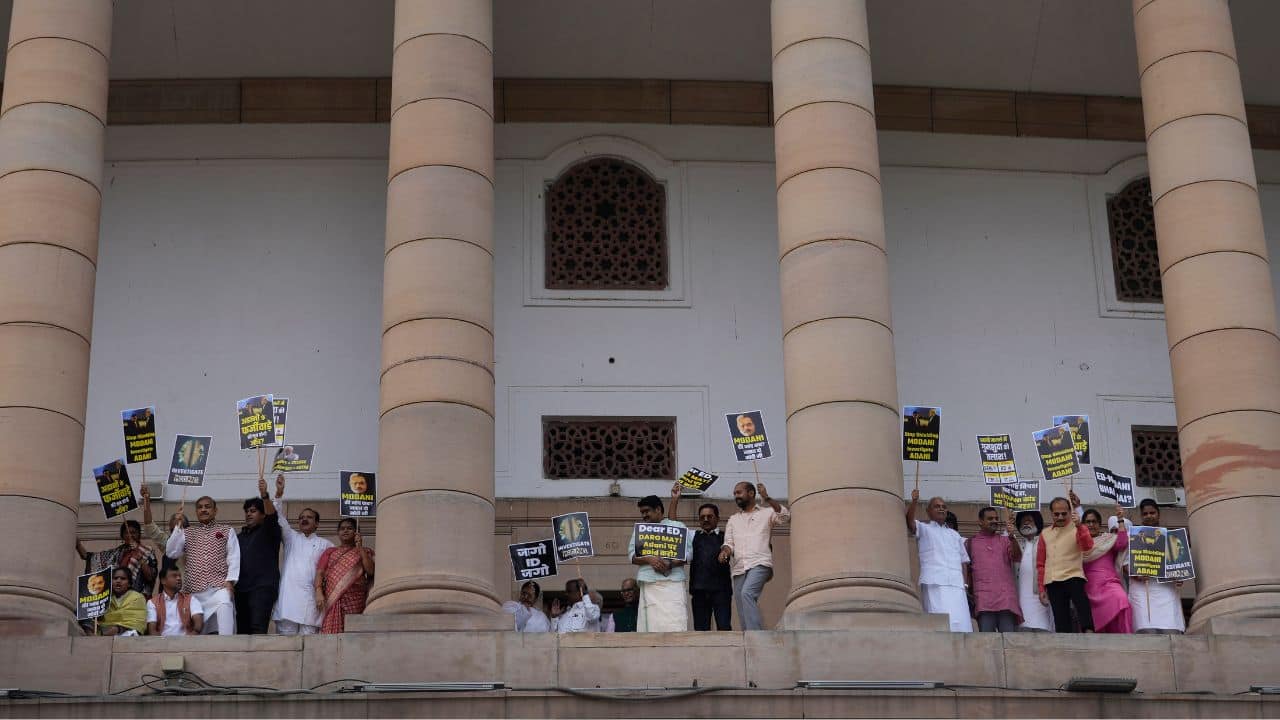 Leaders of Opposition parties had earlier met in Parliament complex and decided to press for a JPC probe into the Adani issue. Leaders of Opposition parties, including the Congress, DMK, RJD, CPI-M, CPI, NCP, Shiv Sena (UBT), JDU, JMM, IUML, AAP, MDMK, attended the meeting in the chamber of Leader of Opposition Mallikarjun Kharge. (Image: AP) Leaders of Opposition parties had earlier met in Parliament complex and decided to press for a JPC probe into the Adani issue. Leaders of Opposition parties, including the Congress, DMK, RJD, CPI-M, CPI, NCP, Shiv Sena (UBT), JDU, JMM, IUML, AAP, MDMK, attended the meeting in the chamber of Leader of Opposition Mallikarjun Kharge. (Image: AP)