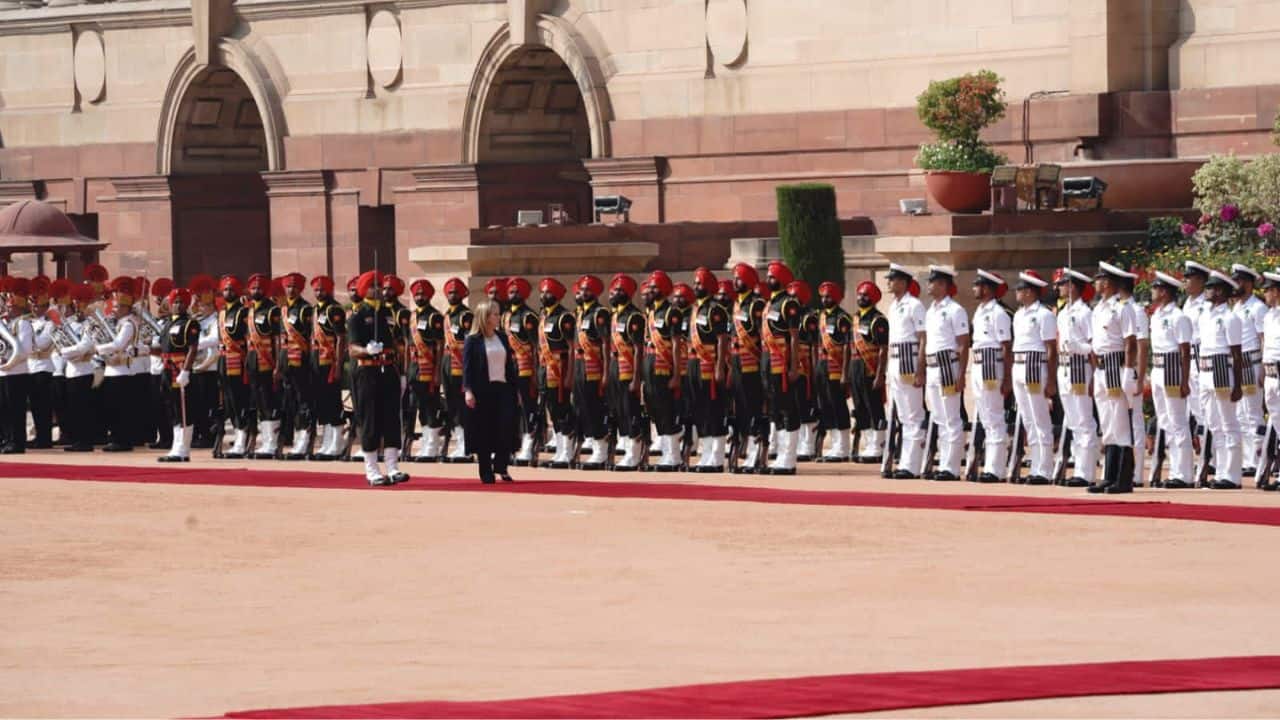 Italian Prime Minister was accorded a ceremonial welcome at the Rashtrapati Bhavan on March 2 as she arrived here on a state visit, seeking closer ties in the defence and economic sectors. (Image: Twitter @MEAIndia)