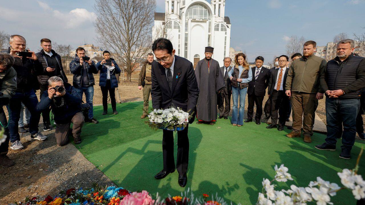 He laid a wreath outside a church before observing a moment of silence and bowing. &quot;The world was astonished to see innocent civilians in Bucha killed one year ago. I really feel great anger at the atrocity upon visiting that very place here,&quot; Kishida said. &quot;I would like to give condolence to the all victims and the wounded on behalf of the Japanese nationals. Japan will keep aiding Ukraine with the greatest effort to regain peace.&quot; (Source: Reuters)