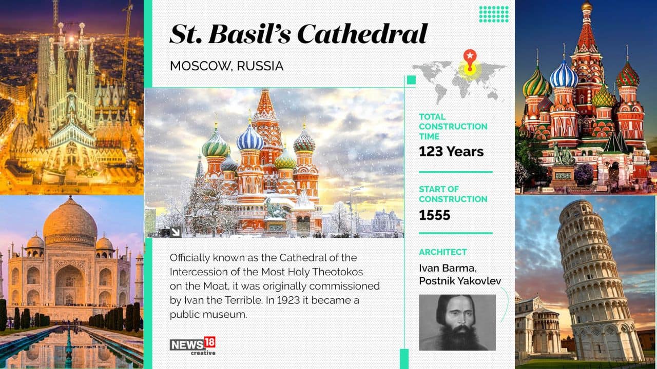 St. Basil’s Cathedral, officially known as the Cathedral of the Intercession of the Most Holy Theotokos on the Moat, is one of the most popular cultural symbols of Russia. It was built from 1555 to 1561 on orders from Ivan the Terrible.