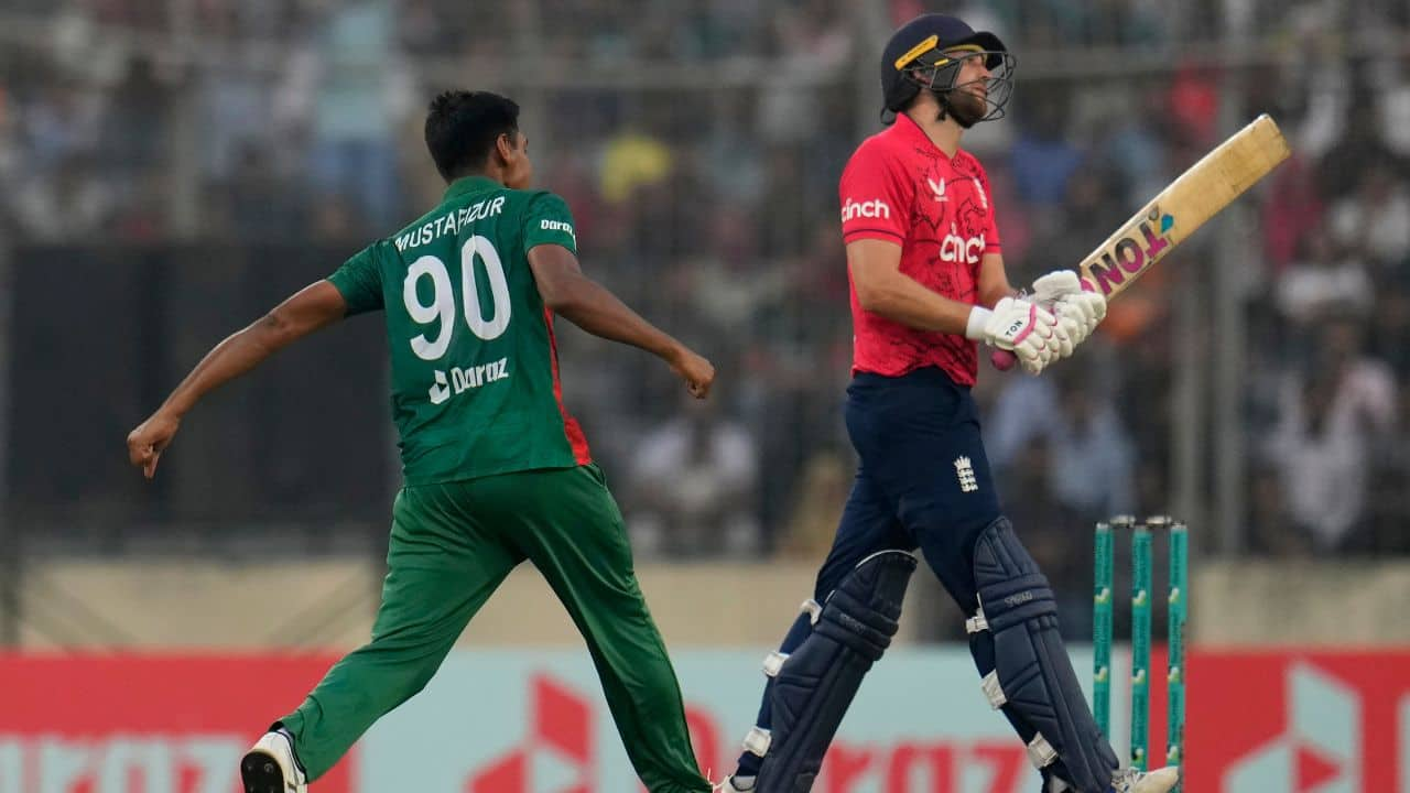 Then Malan hit a 47-ball 53 with six fours and two sixes and put on a 95-run stand with Buttler, who appeared to be in supreme touch with 40 off 31, including four fours and a six. But Malan edged behind to give pace bowler Mustafizur Rahman his 100th T20 wicket, and Mehidy Hasan ran out Buttler with a direct hit from point. (Source: AP)