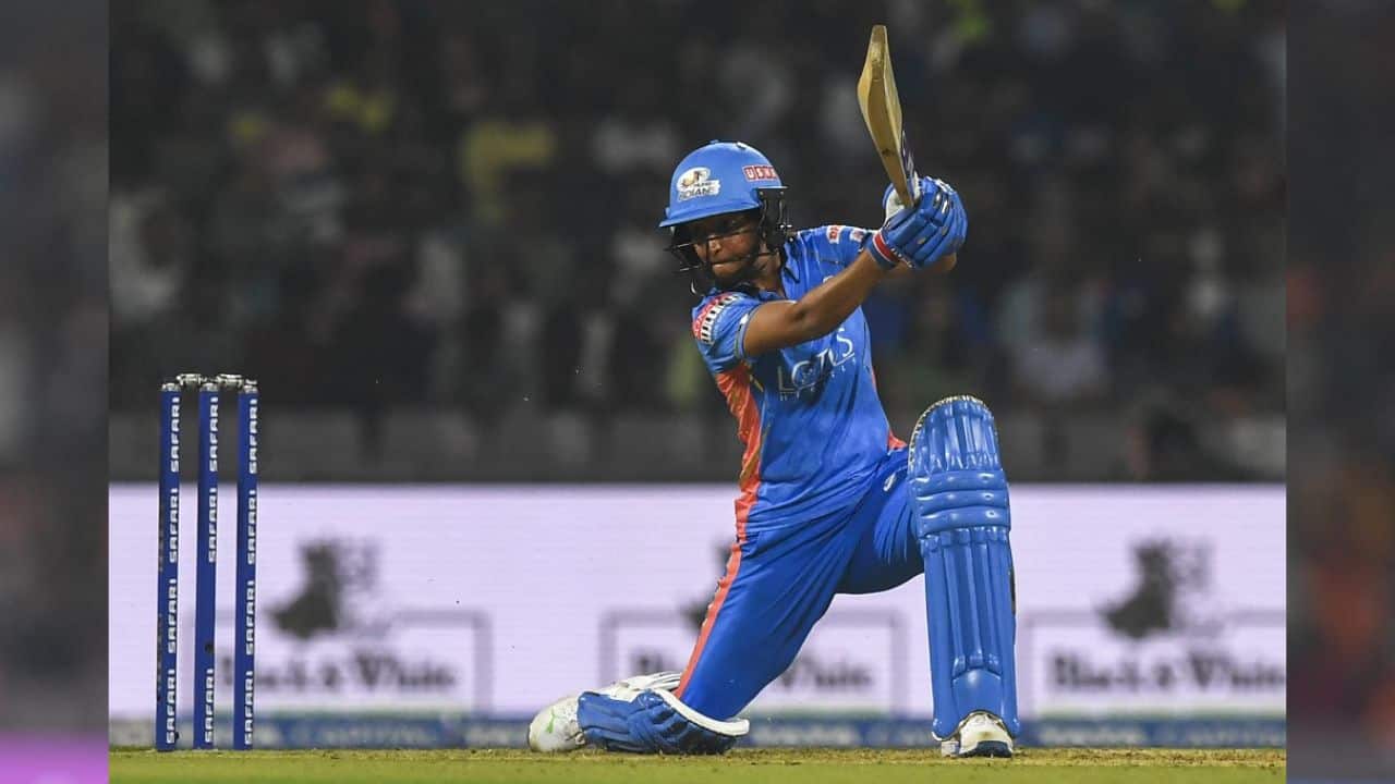 Batting first, Mumbai Indians skipper Harmanpreet Kaur smashed 14 fours in her 65 off 30 balls to take her team to 207 for five in 20 overs before her bowlers sent Gujarat Giants reeling to a paltry 64 for nine in 15.1 overs. (Image: AFP)