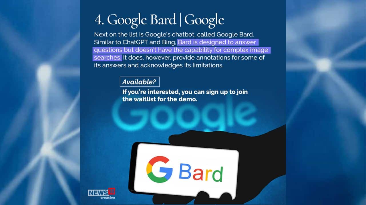 Google Bard is similar to ChatGPT and Bing and is designed to answer questions but doesn’t have the capability for complex image searches. (Image: News18 Creative)