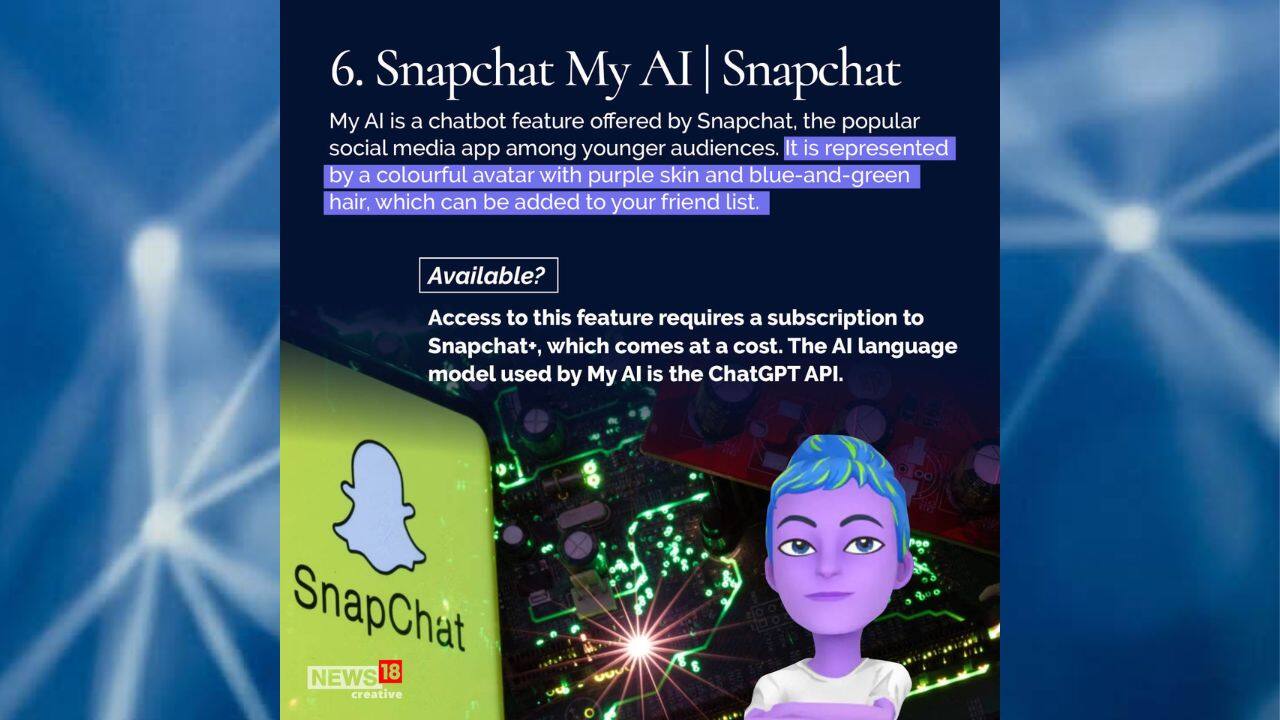 My AI is a chatbot feature offered by Snapchat, the popular social media app among younger audiences. It is represented by a colourful avatar with purple skin and blue-and-green hair, which can be added to your friend list. (Image: News18 Creative)