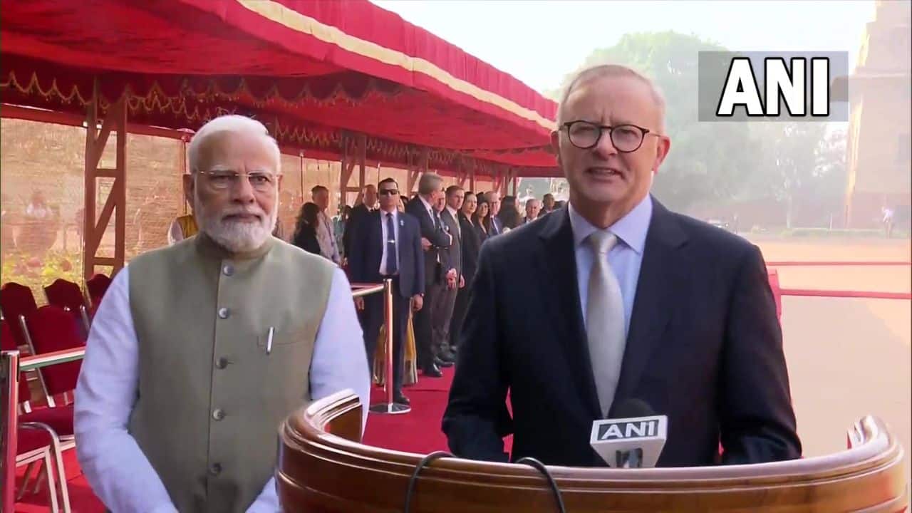 Addressing a press conference after a ceremonial welcome at the forefront of Rashtrapati Bhawan in Delhi, the Australian PM thanked PM Narendra Modi for a very warm welcome in India and said that the two countries are partners and building that partnership even stronger each and every day. (Image: ANI)
