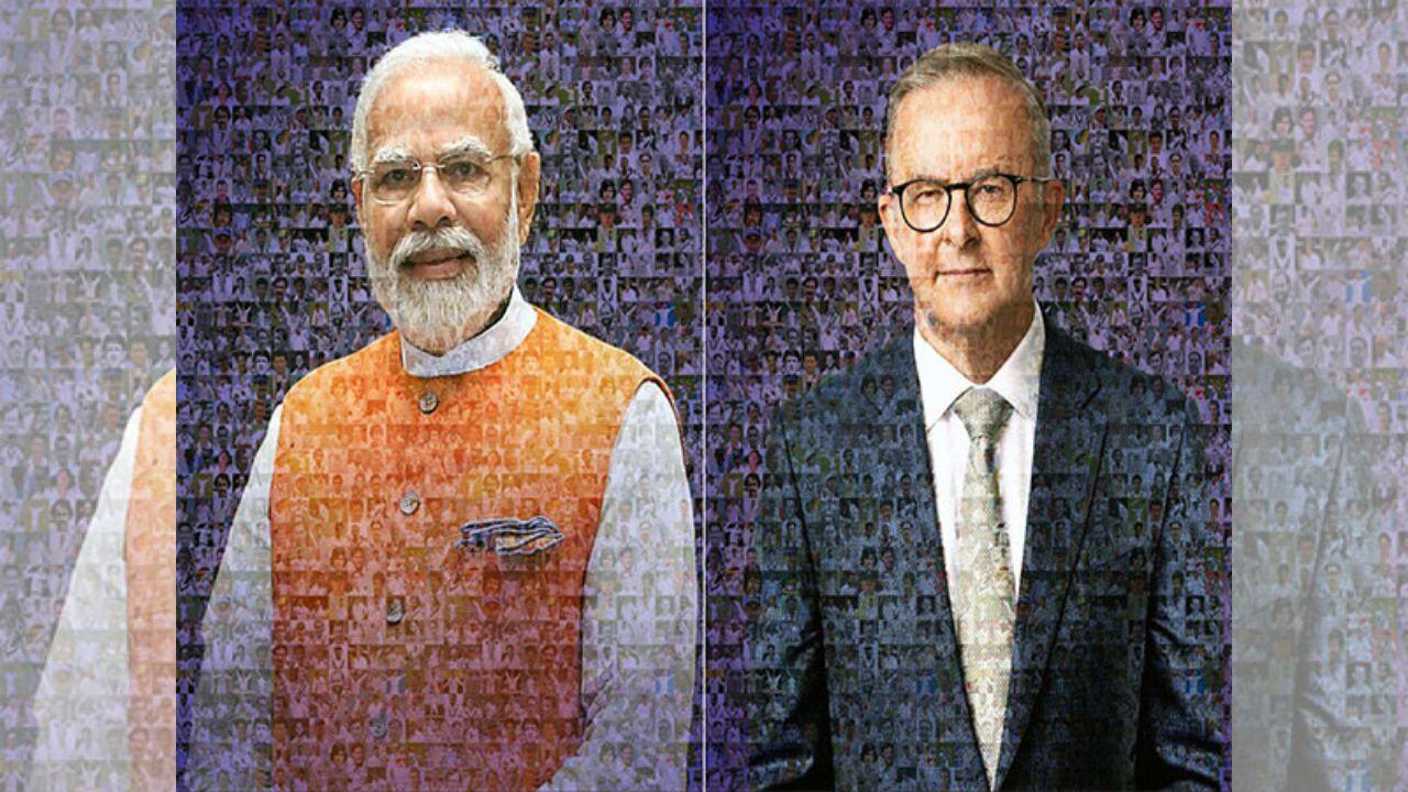 Ahead of the start of the fourth Test match of the Border-Gavaskar Trophy between India and Australia in Ahmedabad on March 9, Prime Minister Narendra Modi and visiting Australian Prime Minister Anthony Albanese were each gifted with portraits of themselves fashioned by collages of Australian and Indian cricketers who represented their countries in matches played over the last 75 years. (Image: ANI)
