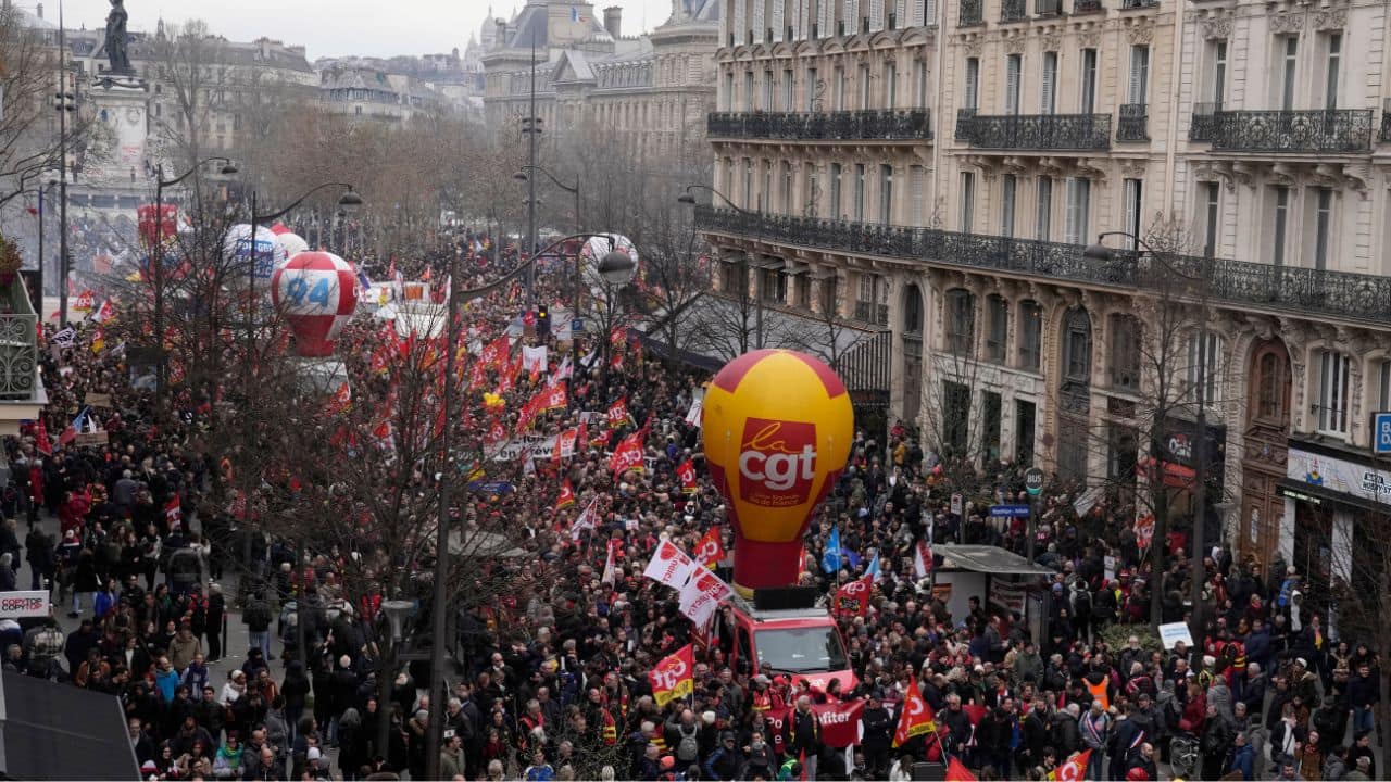The interior minister had said more than 1,000 “radical" troublemakers, some from overseas, could latch on to marches in Paris and other cities. “They come to destroy, to injure and to kill police officers and gendarmes. Their goals have nothing to do with the pension reform. Their goals are to destabilize our republican institutions and bring blood and fire down on France," the minister said on March 27. (Source: AP)